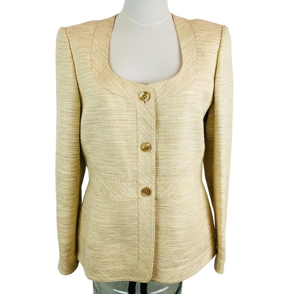NWT Ellen Tracy Blazer Jacket.‎ Cream Gold Metallic. Sz 6. Scoop Neck. $ 498